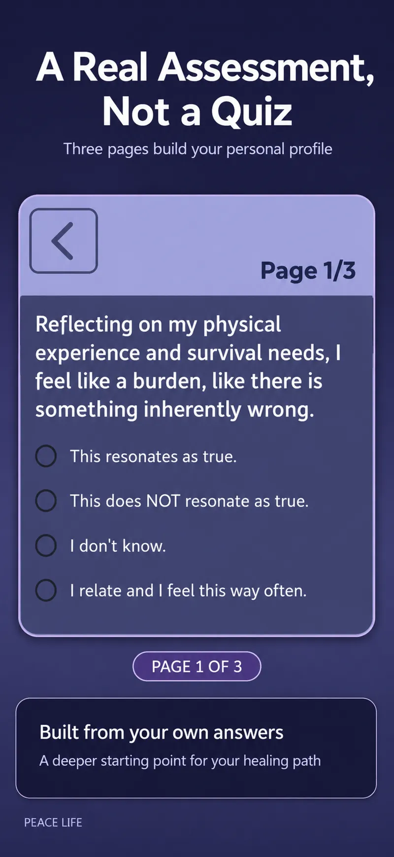 Peace Life chakra self-assessment question on a three-page personal profile