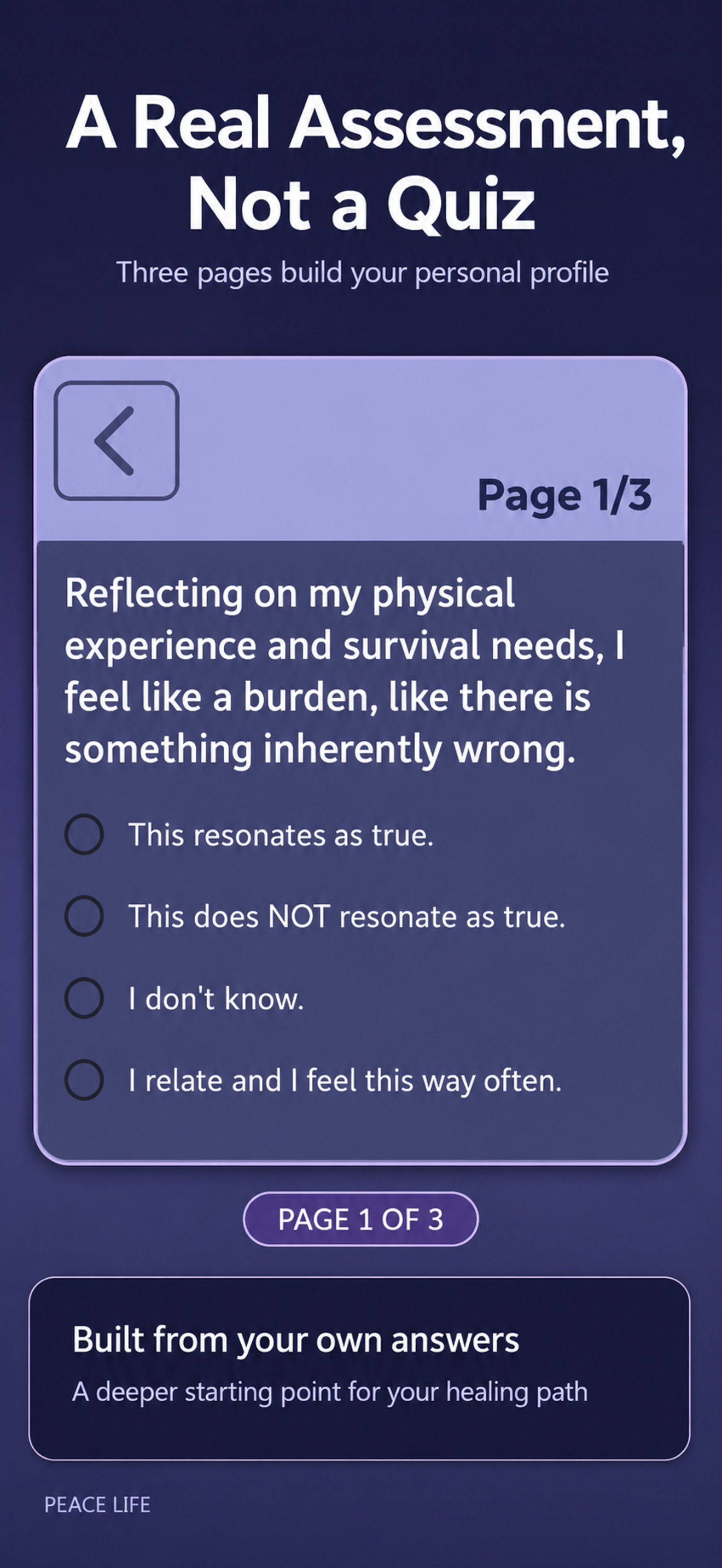 Peace Life chakra self-assessment question on a three-page personal profile