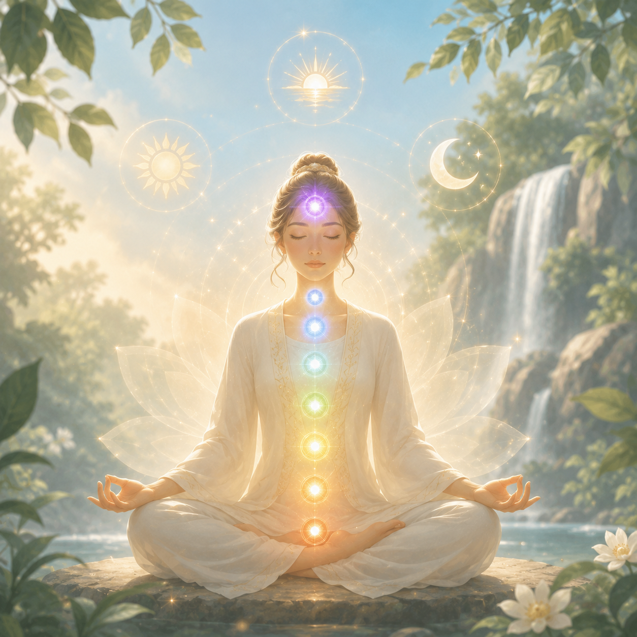 Peaceful chakra meditation in a calm nature setting