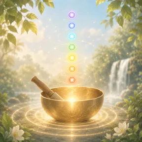 Singing bowl with chakra light and sound frequency waves